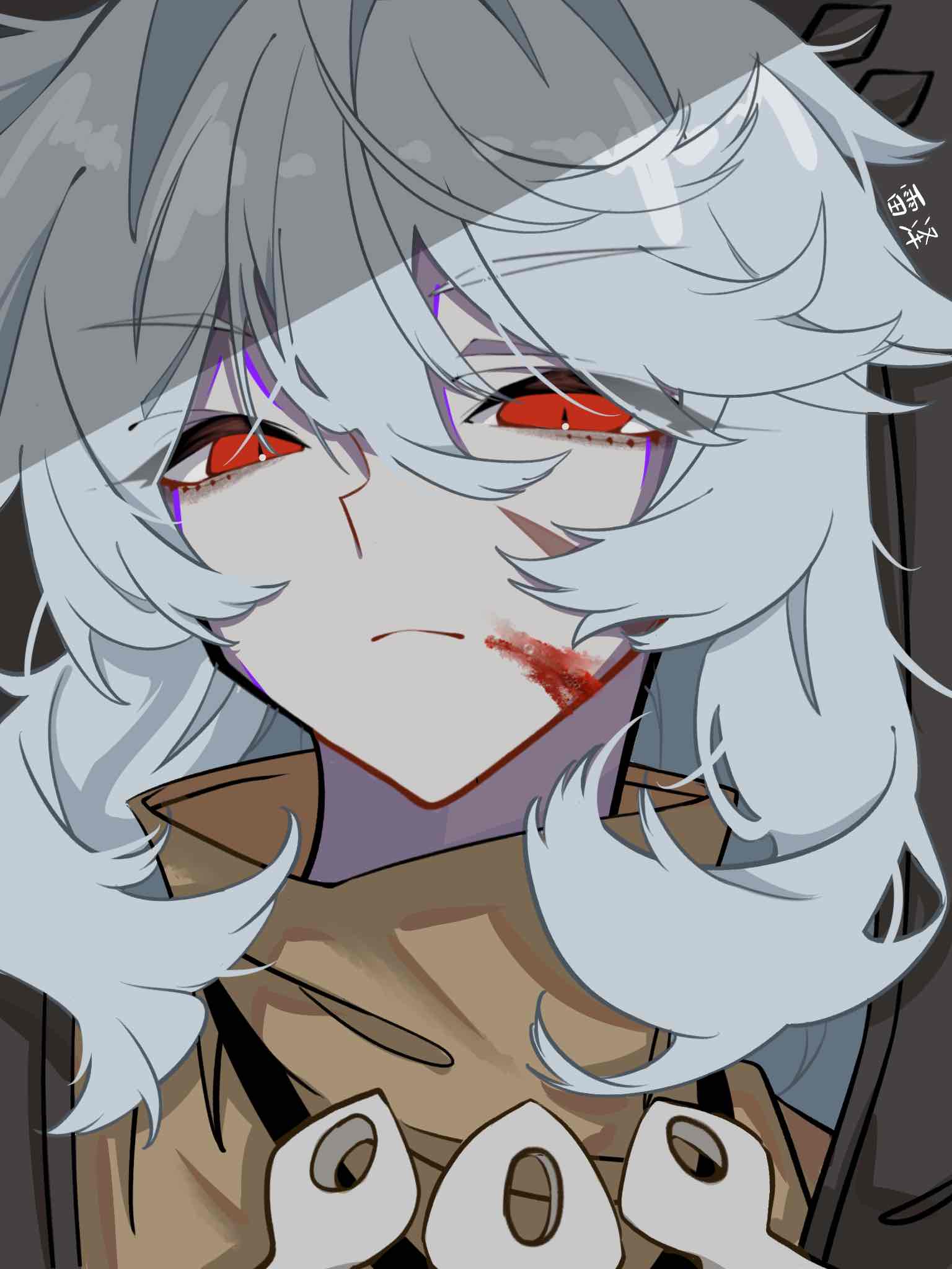 1boy bishounen blood bone_necklace chinese_text closed_mouth eyebrows_visible_through_hair genshin_impact grey_hair highres jewelry long_hair male_focus necklace razor_(genshin_impact) red_eyes scar scar_on_face simple_background slit_pupils solo upper_body user_rcmr8424