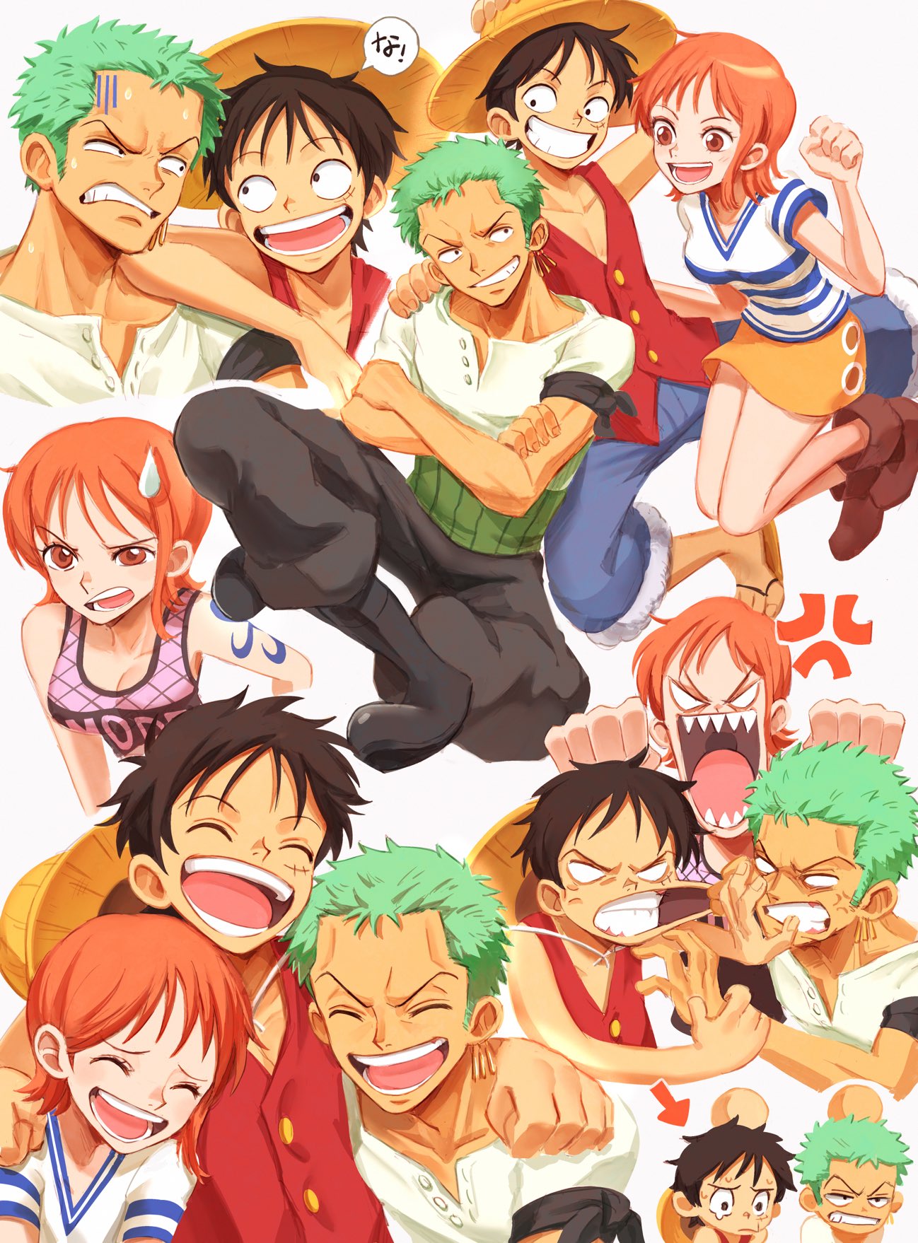 1girl 2boys anger_vein angry arm_around_neck arrow_(symbol) bare_arms bare_shoulders black_hair blank_eyes boots brown_eyes buttons cheek_pull clenched_teeth cropped_torso earrings friends full_body furrowed_brow gloom_(expression) green_hair grin hat hat_on_back head_bump highres jewelry laughing looking_at_another miniskirt monkey_d._luffy multiple_boys multiple_views nami_(one_piece) oekakiboya one_piece open_mouth pants redhead roronoa_zoro sandals sharp_teeth shirt shoes short_hair skirt sleeveless sleeveless_shirt smile straw_hat sweat sweatdrop tearing_up teeth upper_body v-shaped_eyebrows