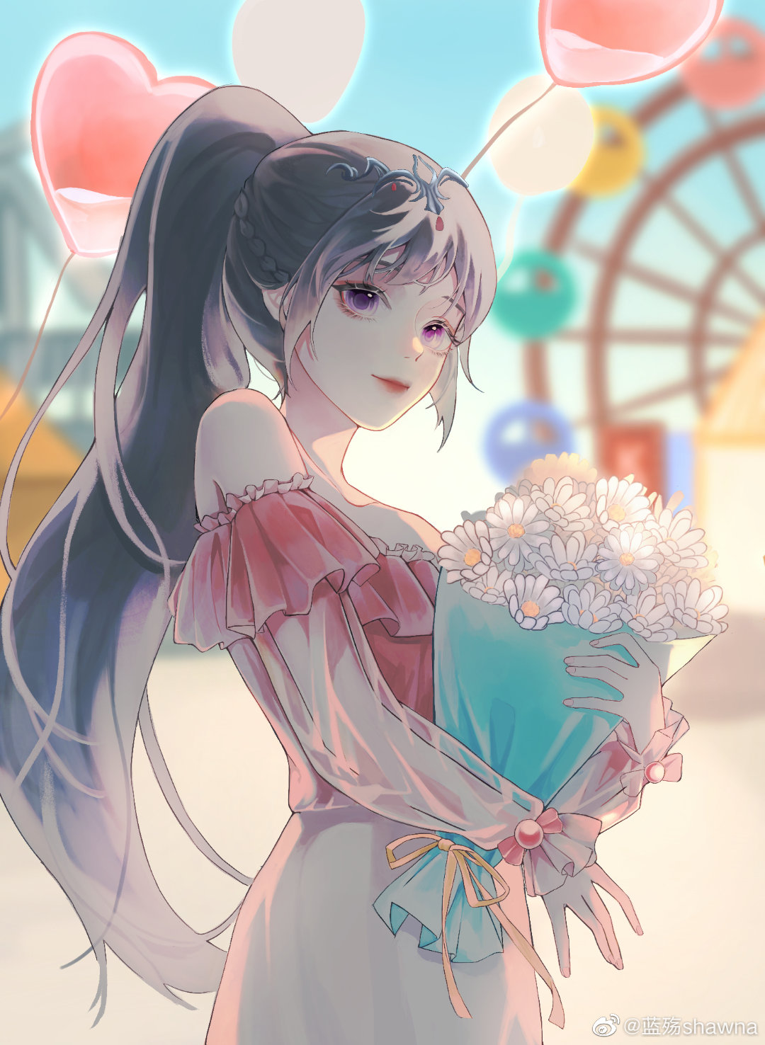 1girl balloon black_hair blue_sky bouquet douluo_dalu dress ferris_wheel flower hair_ornament highres lan_shang_shawna pink_dress ponytail ribbon see-through see-through_sleeves sky smile solo upper_body wrist_ribbon xiao_wu_(douluo_dalu)