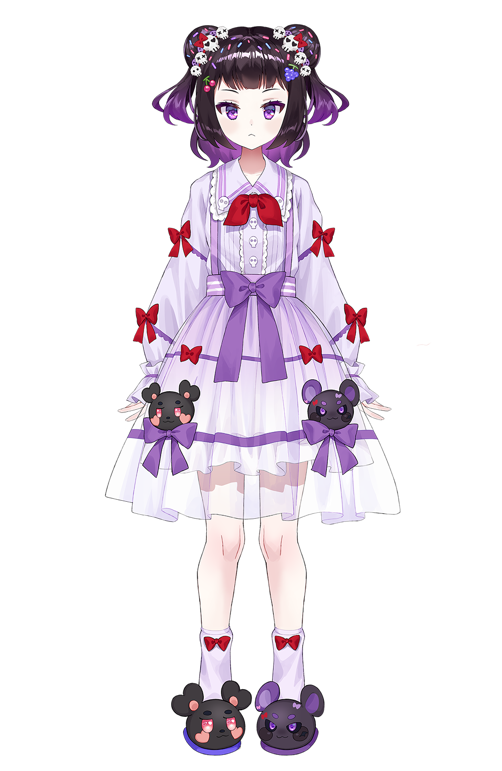 1girl animal_slippers bangs black_footwear black_hair blush bow chobi_(penguin_paradise) collared_shirt copyright_request double_bun hair_bun hair_ornament highres long_sleeves multicolored_hair multiple_views official_art pleated_skirt puffy_long_sleeves puffy_sleeves purple_hair purple_shirt purple_skirt red_bow see-through shirt simple_background skirt skull_hair_ornament sleeves_past_wrists slippers socks two-tone_hair two_side_up violet_eyes virtual_youtuber white_background white_legwear