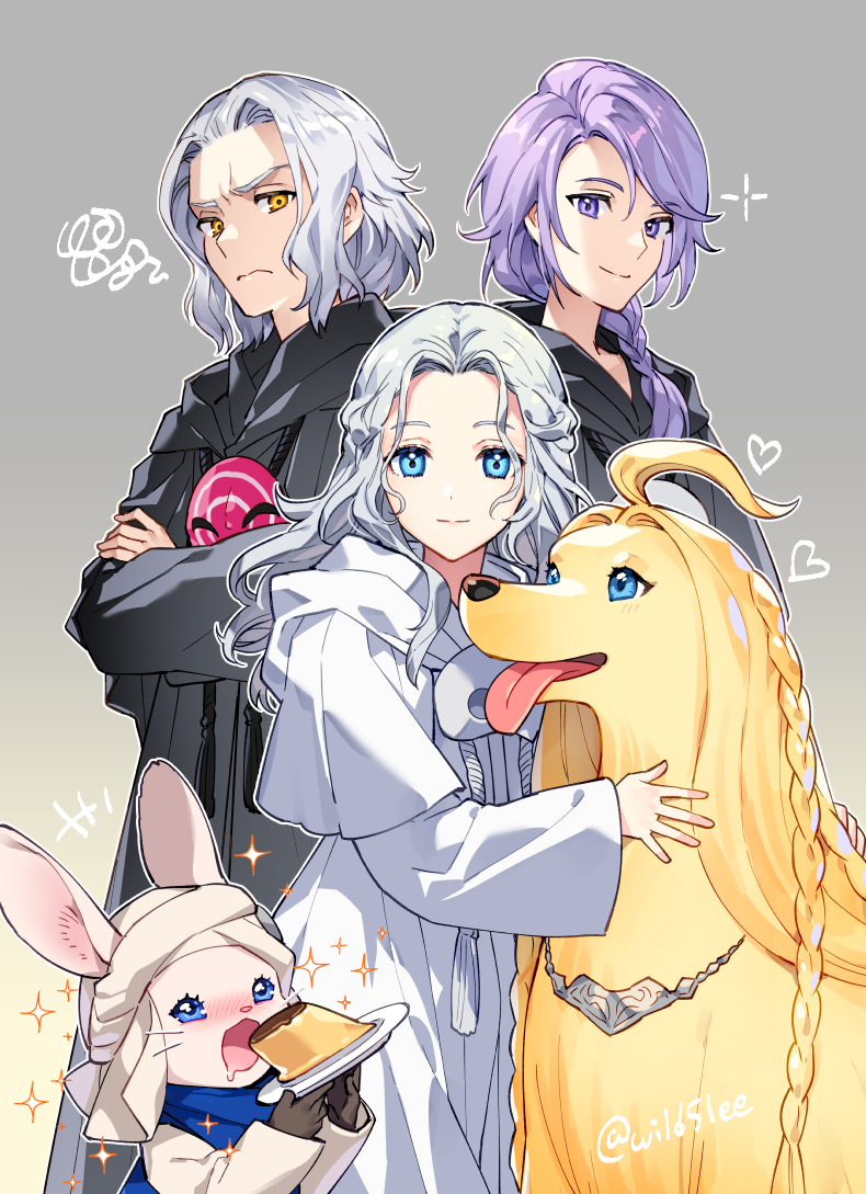 &gt;:( 1girl 1other 2boys androgynous animal_ears argos_(ff14) black_robe blue_eyes braid brown_headwear commentary_request crossed_arms dog drooling emet-selch feet_out_of_frame final_fantasy final_fantasy_xiv food grey_background grey_hair grey_robe heart holding holding_food hood hood_down hooded_robe hythlodaeus korean_commentary long_hair long_sleeves looking_at_viewer loporrit mask mask_removed medium_hair multiple_boys open_mouth pudding purple_hair rabbit_ears short_hair side_braid simple_background single_braid smile sparkle squiggle standing turban twitter_username v-shaped_eyebrows venat_(ff14) violet_eyes wide_sleeves wild5lee yellow_eyes