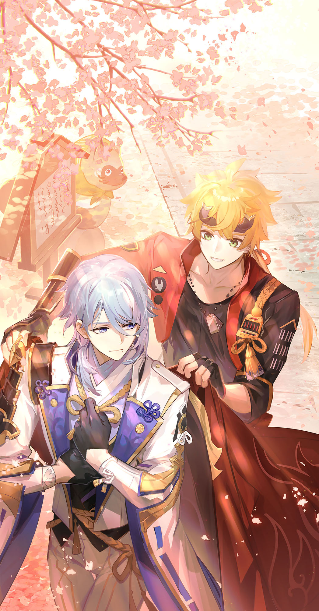 2boys ahoge bangs black_gloves blonde_hair blue_eyes blue_hair bubble_tea cherry_blossoms collarbone dog_tags dr.k fake_horns falling_petals fingerless_gloves genshin_impact gloves green_eyes hair_between_eyes half_gloves headband highres holding horned_headwear horns japanese_clothes kamisato_ayato male_focus mole mole_under_mouth multiple_boys open_mouth outdoors parted_lips petals ponytail ribbon-trimmed_sleeves ribbon_trim tassel thoma_(genshin_impact) wide_sleeves