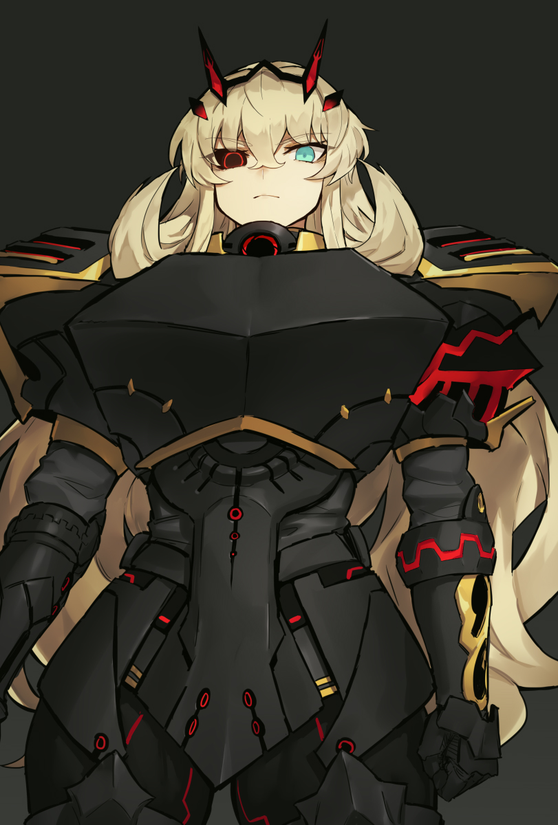 1girl armor black_armor black_sclera blush breastplate colored_sclera fairy_knight_gawain_(fate) fairy_knight_gawain_(first_ascension)_(fate) fate/grand_order fate_(series) faulds full_armor gauntlets green_eyes heterochromia highres looking_at_viewer melon22 mismatched_sclera pauldrons red_eyes shoulder_armor solo tall_female