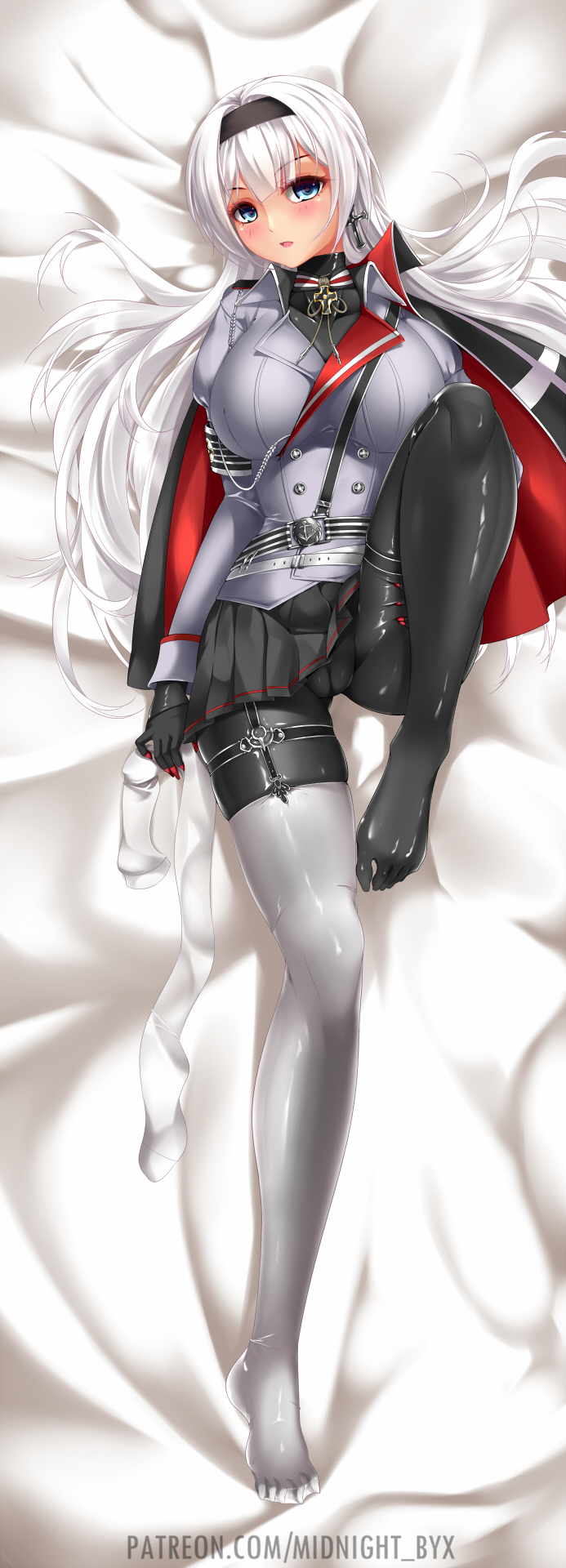 1girl azur_lane black_cape black_hairband blue_eyes bodysuit bodysuit_under_clothes breasts cape cross cross_earrings cross_hair_ornament dakimakura_(medium) earrings gloves hair_ornament hairband half_gloves highres iron_blood_(emblem) iron_cross jacket jewelry large_breasts latex latex_bodysuit long_hair looking_at_viewer mainz_(azur_lane) midnight_(banyex) open_mouth red_cape single_thighhigh skin_tight solo thigh-highs thigh_strap two-tone_cape white_hair white_jacket white_legwear