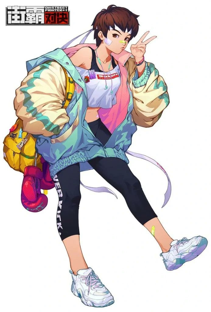 1girl backpack bag baggy_clothes bandaid bandaid_on_cheek bandaid_on_face bandaid_on_nose black_pants black_sports_bra boxing_gloves bracelet brown_eyes brown_hair coat crop_top full_body gloves gloves_removed hand_in_own_hair headband headphones headphones_around_neck jewelry kasugano_sakura leggings looking_at_viewer midriff off-shoulder_shirt off_shoulder official_art open_clothes open_coat oversized_clothes pants raglan_sleeves shirt shoes short_hair sneakers solo sports_bra street_fighter street_fighter:_duel third-party_source v white_footwear white_headband wireless_earphones xin_wang