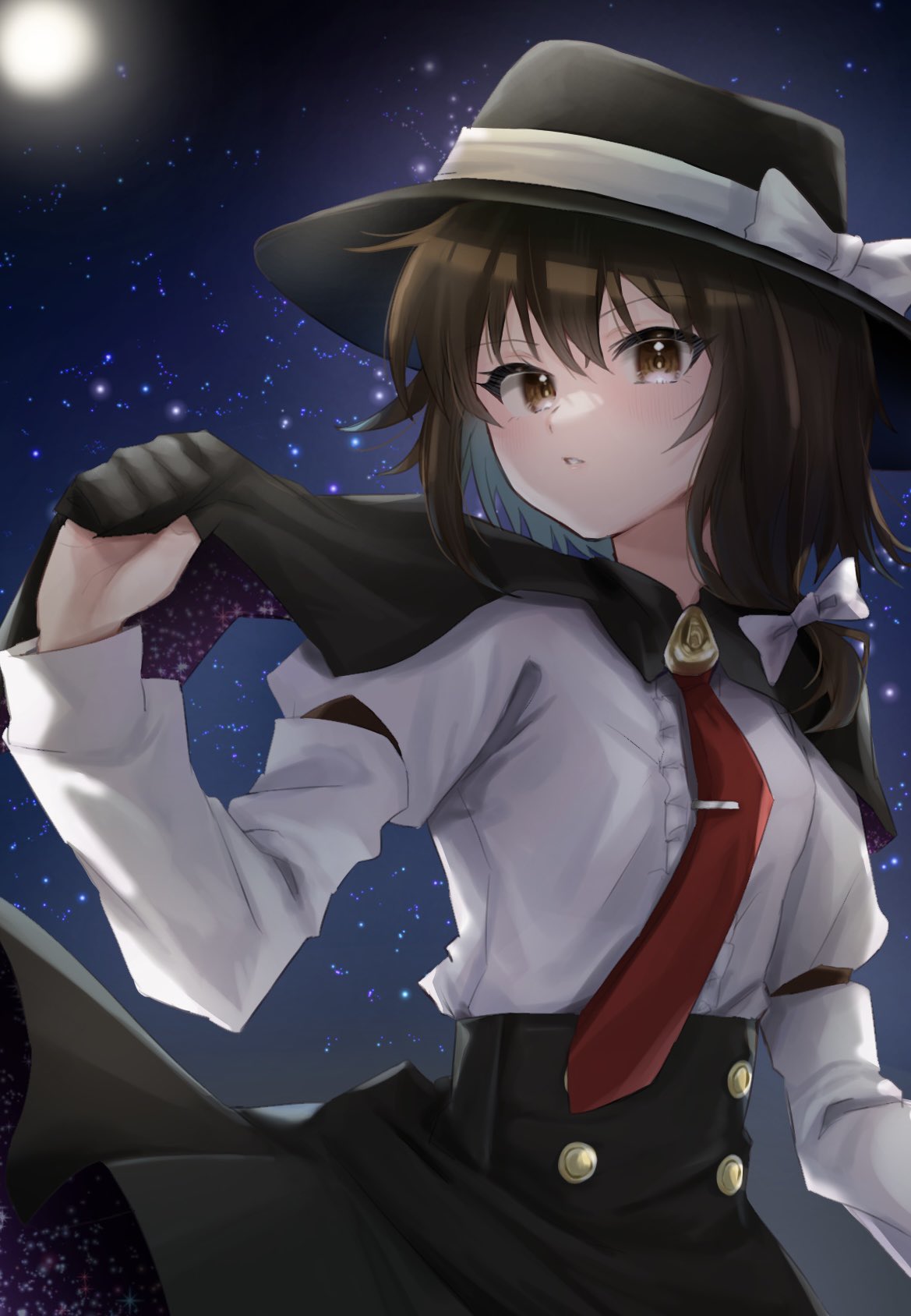 1girl bangs black_capelet black_skirt breasts brown_eyes brown_hair buttons capelet collared_shirt highres long_sleeves medium_breasts necktie night night_sky otsuhai serious shirt short_hair short_ponytail side_ponytail simple_background skirt sky solo tie_clip touhou usami_renko white_background white_shirt