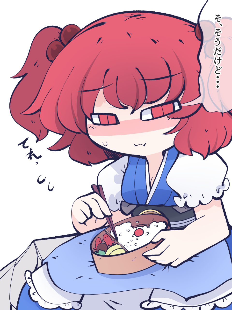 1girl bento black_sash blue_dress blush_stickers chopsticks closed_mouth coin coin_on_string dress eyebrows_visible_through_hair fried_rice0614 hair_bobbles hair_ornament highres holding holding_chopsticks one-hour_drawing_challenge onozuka_komachi puffy_short_sleeves puffy_sleeves red_eyes redhead rice sash short_hair short_sleeves simple_background solo speech_bubble touhou translation_request twintails white_background