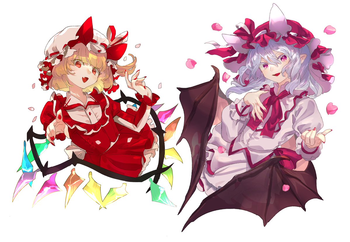 2girls alternate_costume bangs bat_wings blonde_hair blush chamaruku colored_eyelashes commentary_request dress fang flandre_scarlet hair_between_eyes hat hat_ribbon looking_at_viewer medium_hair mob_cap multiple_girls one_side_up open_mouth pointing pointing_at_viewer pointy_ears purple_hair red_dress red_eyes red_nails red_ribbon remilia_scarlet ribbon siblings simple_background sisters skin_fang touhou violet_eyes white_background wings