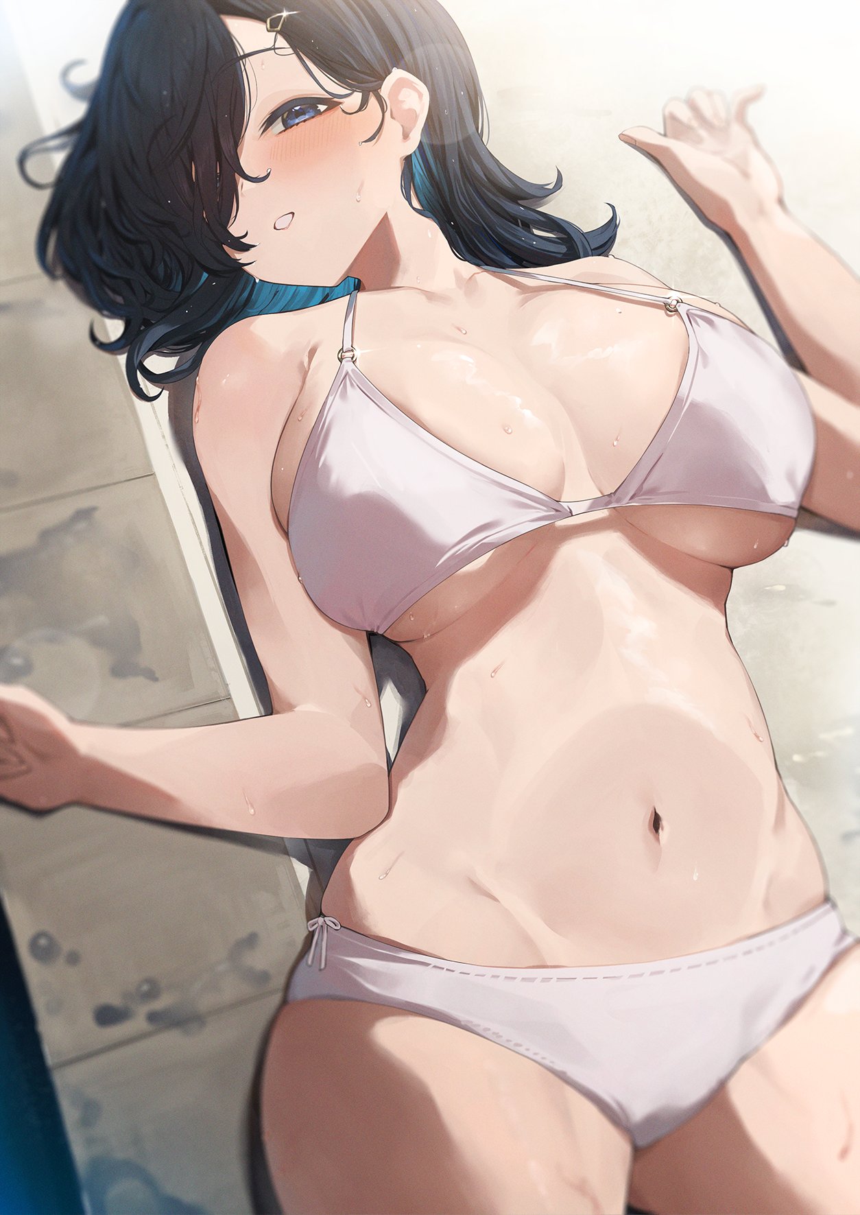 1girl bikini black_hair blue_eyes blush character_request highres looking_at_viewer lying navel neshia_(tsaqif0309) on_back open_mouth short_hair smile solo swimsuit white_bikini white_swimsuit