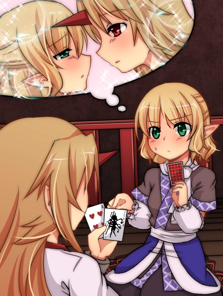 2girls amagumo arm_warmers bangs blonde_hair blush brown_shirt card closed_mouth commentary_request cowboy_shot eyebrows_visible_through_hair green_eyes grey_sky half_updo holding holding_card horns hoshiguma_yuugi houjuu_nue imagining joker_(card) long_hair looking_at_another mizuhashi_parsee multiple_girls old_maid playing_card pointy_ears railing red_horns scarf shirt short_hair short_sleeves single_horn touhou white_scarf white_shirt yuri