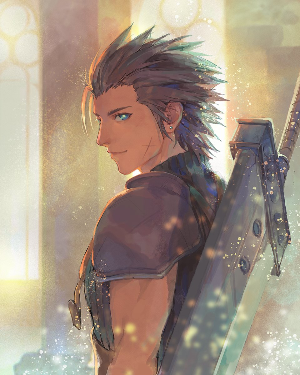 1boy armor belt black_hair blue_hair blue_shirt buster_sword cassandra_(avocasso) church earrings final_fantasy final_fantasy_vii final_fantasy_vii_remake hair_slicked_back highres jewelry looking_back male_focus scar scar_on_cheek scar_on_face shirt shoulder_armor sideburns single_earring sleeveless sleeveless_turtleneck smile solo suspenders suspenders_hanging turtleneck upper_body weapon weapon_on_back zack_fair