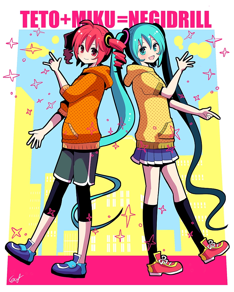 2girls :d ahoge bangs blue_eyes blue_hair blush character_name city drill_hair english_text hair_ornament hand_up hatsune_miku hood hoodie horns_pose index_finger_raised kasane_teto kneehighs legwear_under_shorts long_hair looking_at_viewer medium_hair multiple_girls np_eny outstretched_arm pink_eyes pink_hair pleated_skirt shoes short_sleeves shorts skirt sleeves_past_elbows smile sneakers socks sparkle standing standing_on_one_leg twin_drills twintails utau very_long_hair vocaloid