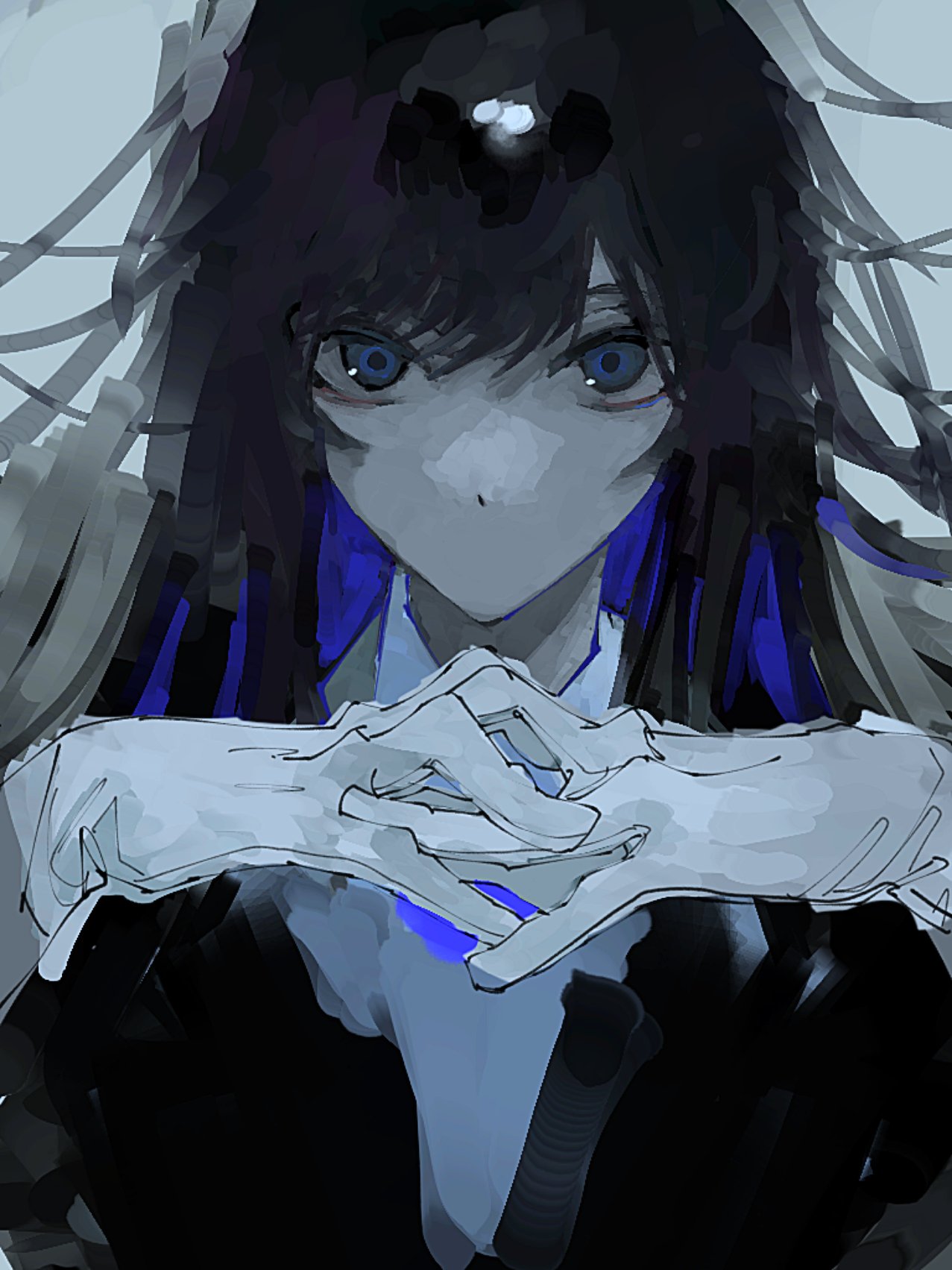 1girl black_hair blue_eyes gloves highres interlocked_fingers looking_at_viewer no_mouth original simple_background solo white_background white_gloves zpicy_owl