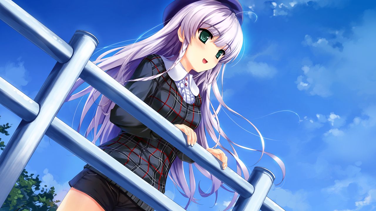 1girl :d bangs black_shorts blue_headwear blue_sky blush cowboy_shot day dress_shirt dutch_angle eyebrows_visible_through_hair floating_hair from_below furukawa_yui game_cg green_eyes grey_sweater long_hair long_sleeves misaki_kurehito open_mouth outdoors plaid plaid_sweater shirt short_shorts shorts sky smile solo standing sweater ushinawareta_mirai_wo_motomete very_long_hair white_hair white_shirt