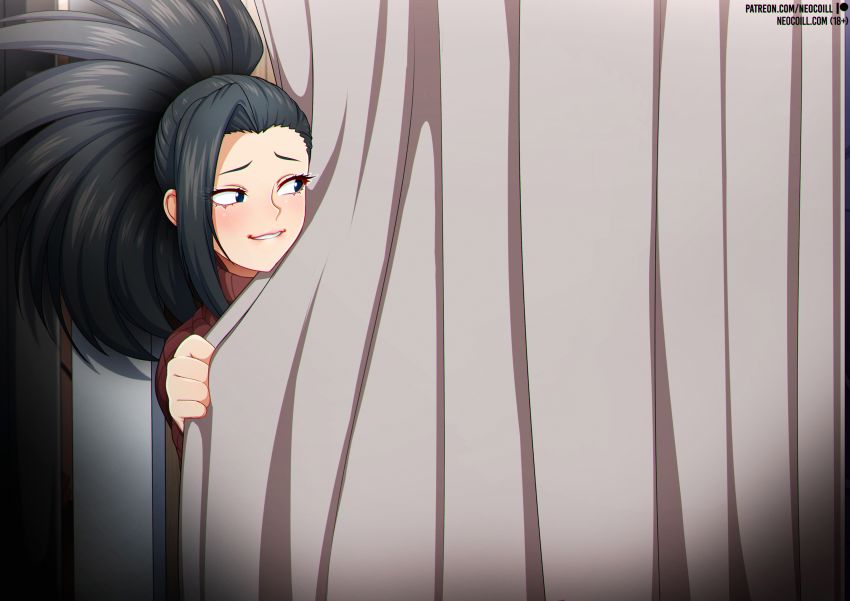 1girl behind_curtains black_hair boku_no_hero_academia curtains looking_to_the_side neocoill parted_lips patreon_username ponytail smile solo sweater web_address yaoyorozu_momo