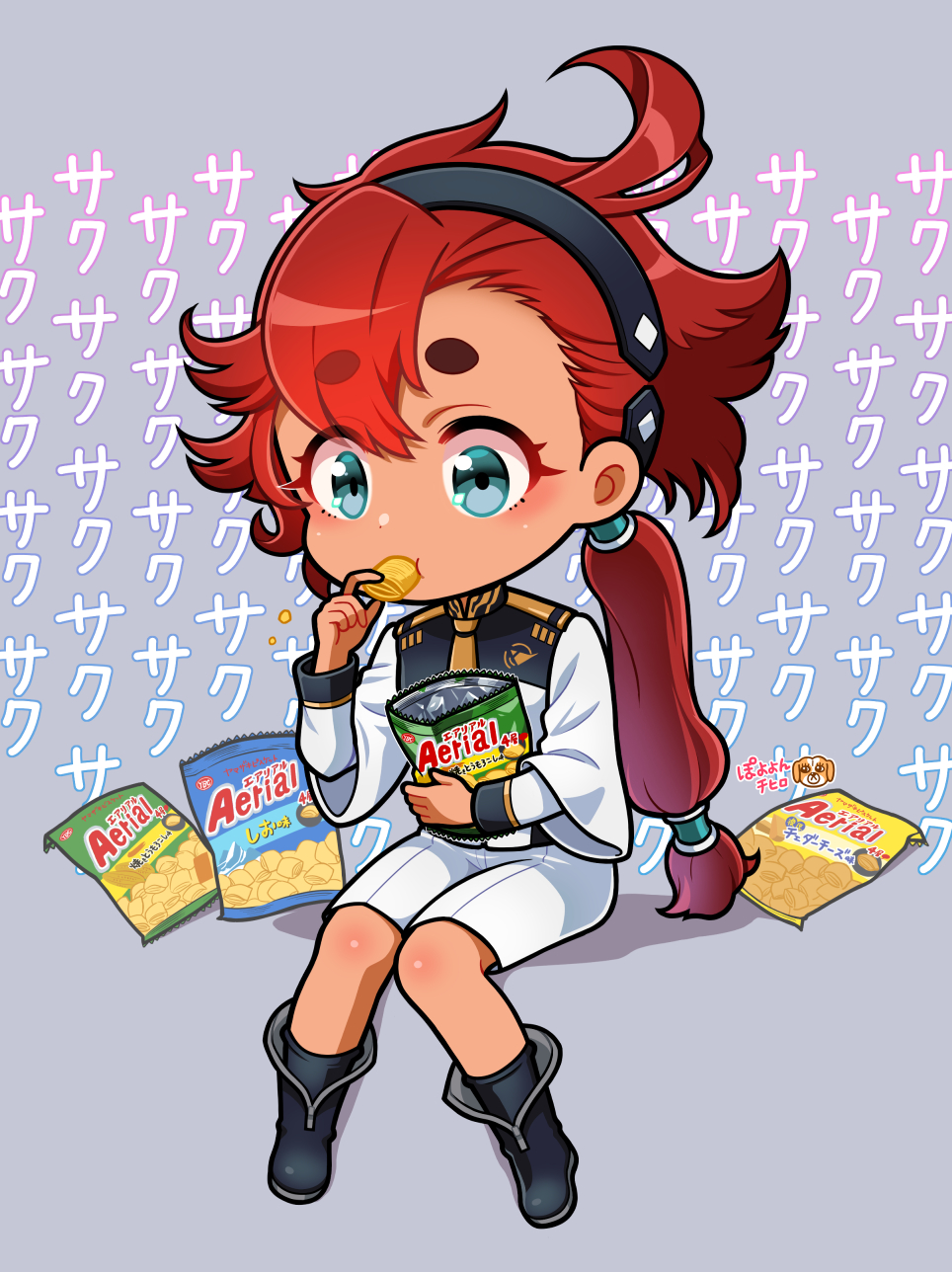 1girl aerial_(food) ahoge artist_logo artist_name bangs blue_eyes boots chibi chips commentary eating eyebrows_visible_through_hair food full_body grey_background gundam gundam_suisei_no_majo hairband highres long_hair low-tied_long_hair low_ponytail ponytail potato_chips poyoyon_chihiro redhead shorts sitting solo suletta_mercury translation_request uniform