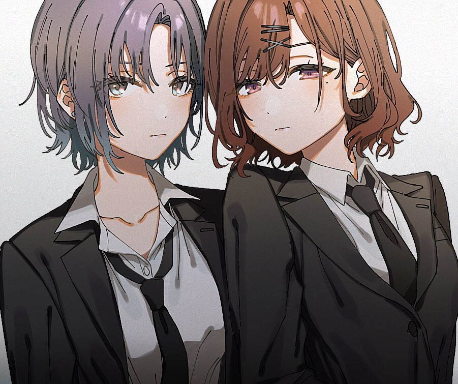 2girls asakura_toru black_necktie black_suit collarbone expressionless formal higuchi_madoka idolmaster idolmaster_shiny_colors iwawa light_purple_hair looking_at_viewer loose_necktie mole mole_under_eye multiple_girls necktie open_collar redhead shirt short_hair simple_background suit upper_body white_background white_shirt