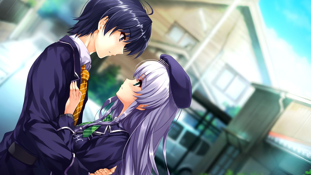 1boy 1girl akiyama_sou black_hair blue_eyes blue_jacket blurry blurry_background bow bowtie collared_shirt couple day diagonal-striped_necktie dutch_angle eye_contact floating_hair furukawa_yui game_cg green_bow green_bowtie hat hetero hug jacket long_hair long_sleeves looking_at_another misaki_kurehito necktie outdoors parted_lips purple_headwear road school_uniform shiny shiny_hair shirt short_hair street striped striped_bow striped_bowtie upper_body ushinawareta_mirai_wo_motomete white_hair white_shirt wing_collar yellow_necktie