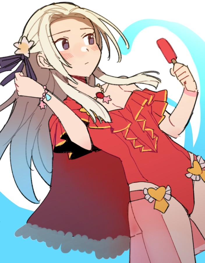 1girl blush breasts cape closed_mouth do_m_kaeru edelgard_von_hresvelg fire_emblem fire_emblem:_three_houses fire_emblem_heroes food hair_ornament hair_ribbon long_hair official_alternate_costume one-piece_swimsuit popsicle red_cape red_swimsuit ribbon simple_background solo swimsuit violet_eyes white_hair