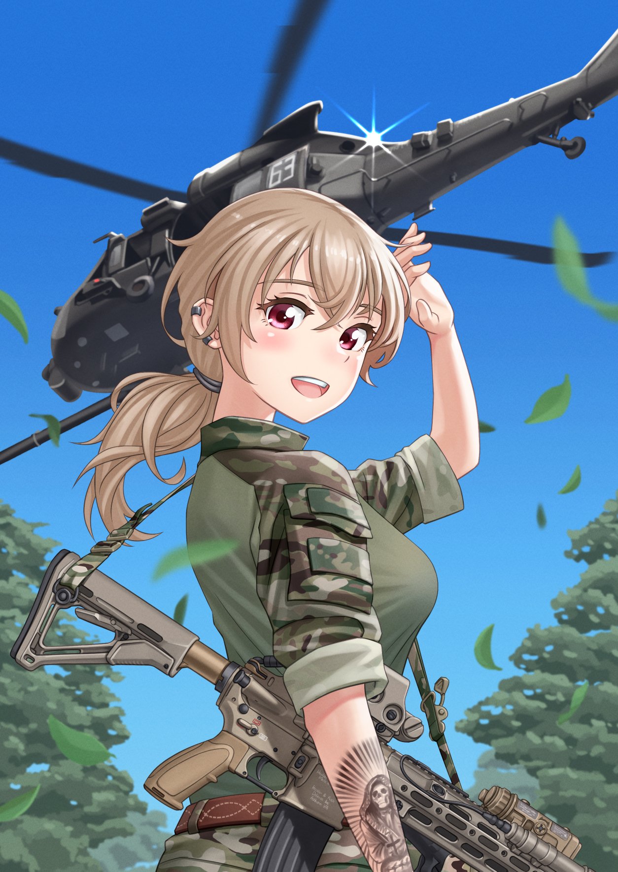 1girl aircraft breasts camouflage falling_leaves gun helicopter highres large_breasts leaf looking_at_viewer military military_uniform military_vehicle original rifle tattoo tree uniform waruzamurai weapon