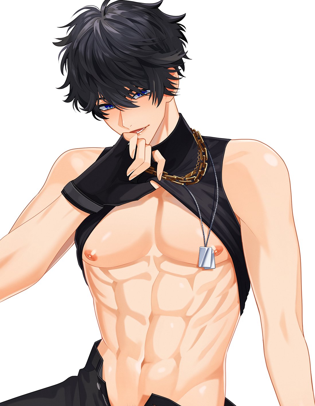 1boy abs black_hair black_pants black_tank_top blue_eyes chain chain_necklace commission forehead highres indie_virtual_youtuber jae_(vtuber) jewelry muscular muscular_male navel necklace nipples pants pinchi short_hair stomach tank_top white_background