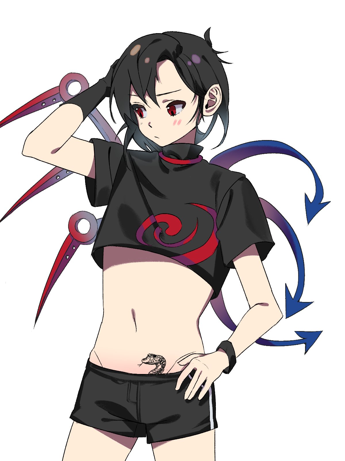10000_we 1girl asymmetrical_wings black_gloves black_hair black_shirt black_shorts blue_wings closed_mouth cowboy_shot crop_top flat_chest gloves hand_on_hip hand_on_own_head highres houjuu_nue midriff navel red_eyes red_wings shirt short_hair short_sleeves shorts single_glove snake_tattoo solo stomach stomach_tattoo tattoo tomoe_(symbol) touhou wings wristband