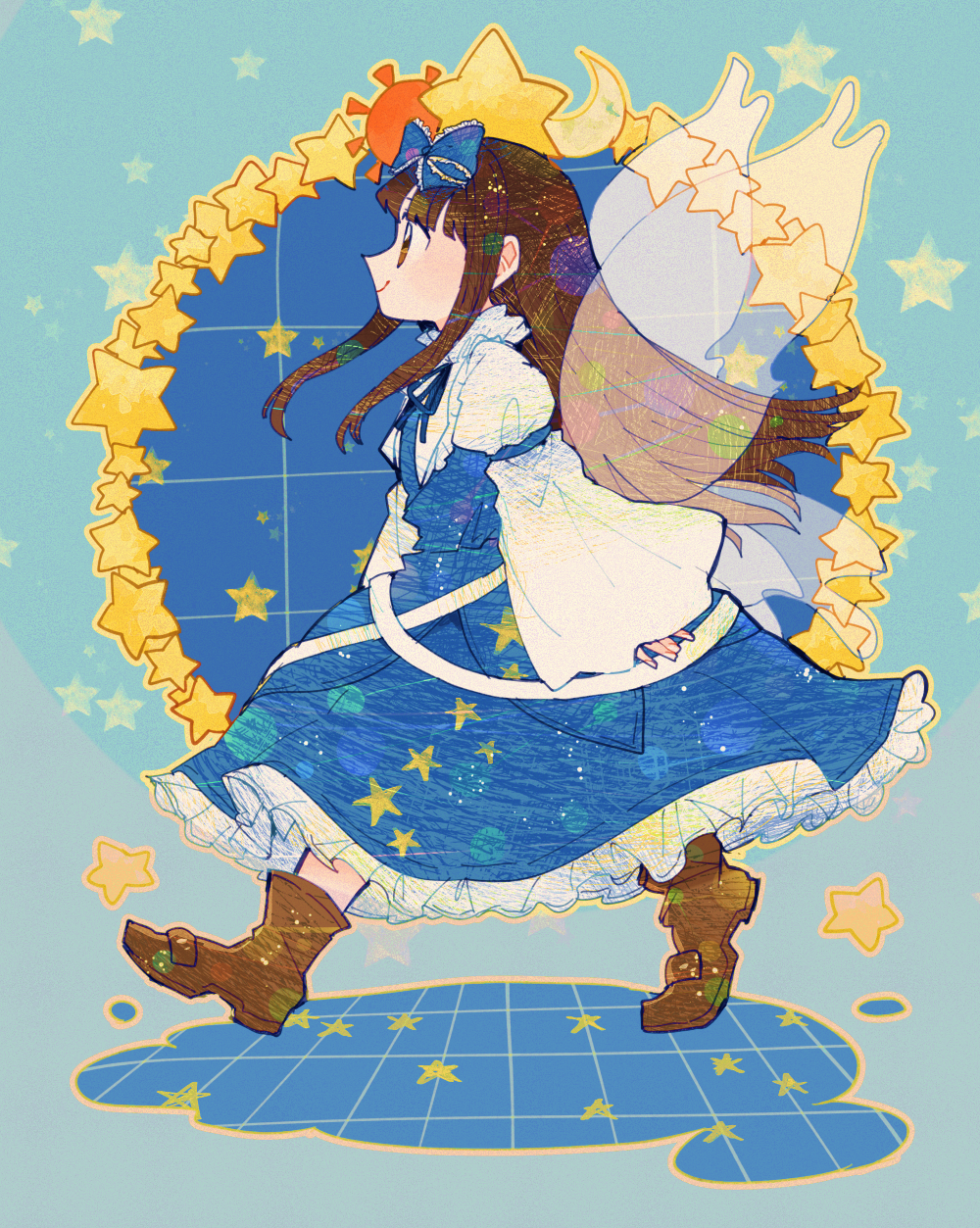 1girl bangs blue_skirt blue_vest boots brown_footwear brown_hair fairy_wings from_side full_body green_background highres itomugi-kun long_hair long_sleeves shirt skirt sleeves_past_wrists smile solo star_(symbol) star_sapphire touhou vest walking white_shirt wide_sleeves wings