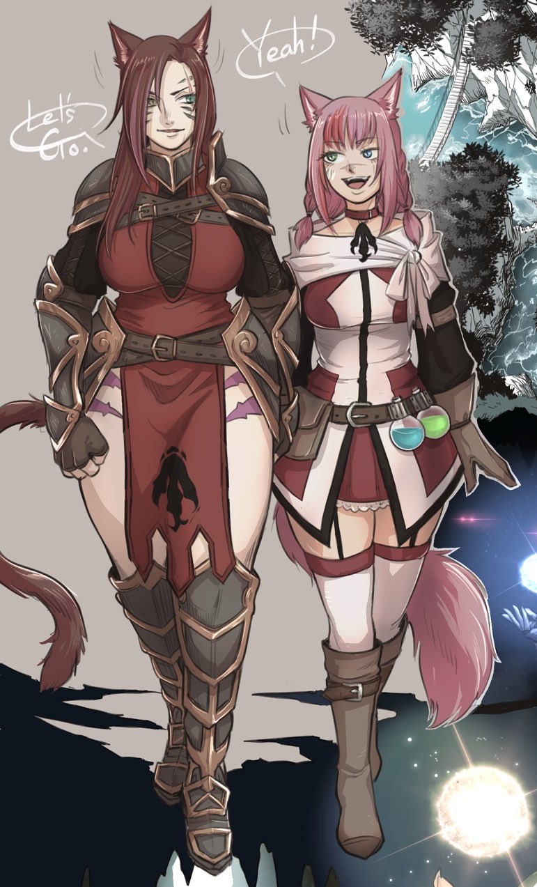 2girls animal_ear_fluff animal_ears aqua_eyes armor avatar_(ff14) belt blue_eyes body_markings bridge brown_gloves brown_hair cave clenched_hands collar elbow_gloves facial_mark final_fantasy final_fantasy_xiv fingerless_gloves forest gloves glowing glowing_eyes greaves green_eyes hair_between_eyes heterochromia highres lens_flare liquid long_hair looking_at_another minaka_shobu miqo'te multicolored_hair multiple_girls nature open_mouth parted_lips pauldrons pink_hair potion pouch purple_hair red_collar red_eyes sabrith_ebonclaw scar scar_across_eye scar_on_face scar_on_nose scratches shoulder_armor skindentation smile speech_bubble streaked_hair tail talking tayelle_ebonclaw teeth thigh-highs tongue twintails upper_teeth vambraces walking water whisker_markings white_legwear wide_hips yellow_eyes