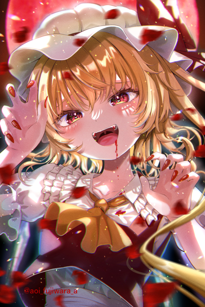 1girl ascot bangs blonde_hair blood blood_on_face blush claw_pose collared_shirt eyebrows_behind_hair fangs fingernails flandre_scarlet frilled_shirt_collar frilled_sleeves frills fujiwara_aoi hands_up hat hat_ribbon long_fingernails looking_at_viewer mob_cap one_side_up open_mouth puffy_short_sleeves puffy_sleeves red_eyes red_nails red_ribbon red_vest ribbon shirt short_hair short_sleeves smile solo touhou twitter_username upper_body vest white_headwear white_shirt yellow_ascot