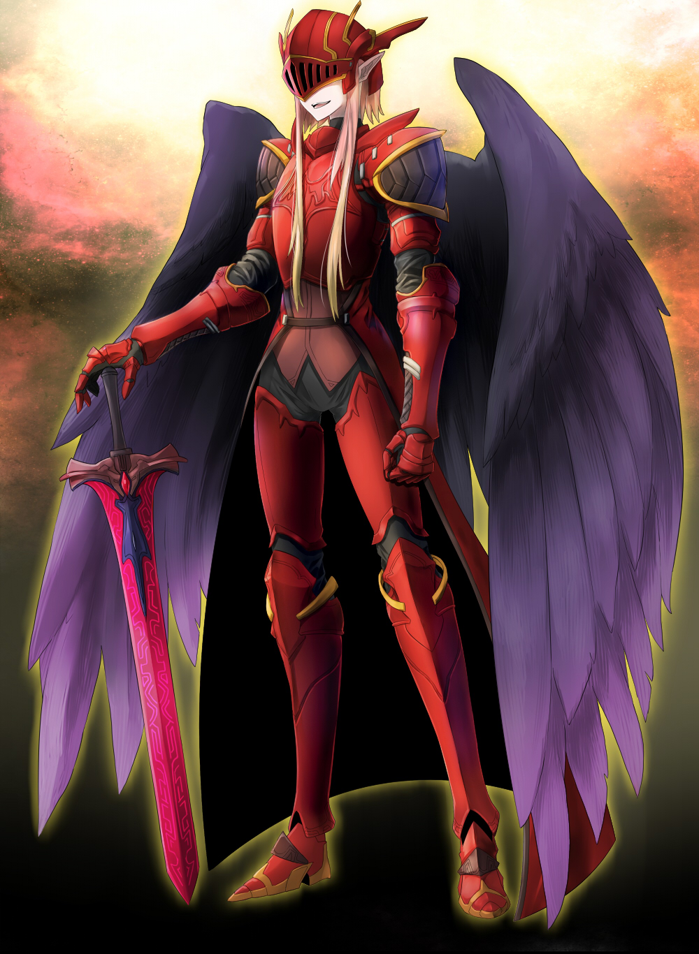 1boy angel_wings clenched_hand fake_horns full_body gauntlets hao_(borosu0023) helmet highres horned_helmet horns pixiv_fantasia pixiv_fantasia_last_saga pointy_ears red_armor red_footwear short_hair_with_long_locks solo standing sword uto_(pixiv_fantasia_last_saga) weapon wings