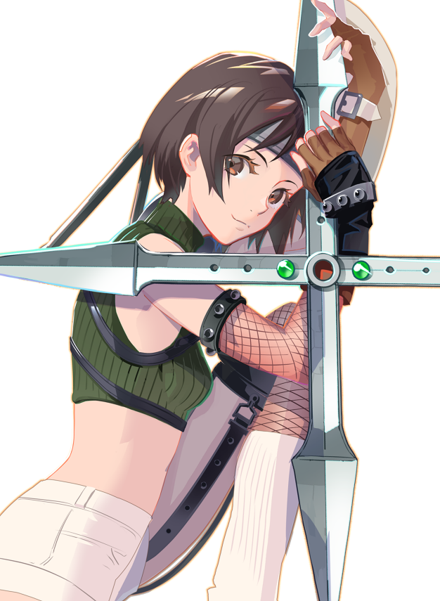 1girl arm_guards breasts brown_eyes brown_hair chest_strap cofffee final_fantasy final_fantasy_vii fingerless_gloves fishnet_armwear fishnet_legwear fishnets gloves green_shirt headband holding holding_weapon leg_up leg_warmers looking_at_viewer materia midriff shirt short_hair short_shorts shorts shuriken sleeveless sleeveless_turtleneck small_breasts smile solo turtleneck upper_body weapon white_background yuffie_kisaragi