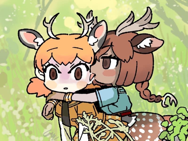 2girls abdula animal_ears antlers arms_around_neck axis_deer_(kemono_friends) bangs belt blush_stickers braid braided_ponytail brown_eyes brown_hair dark-skinned_female dark_skin day deer_antlers deer_ears deer_girl deer_tail empty_eyes extra_ears eyebrows_visible_through_hair eyelashes hug kemono_friends layered_sleeves leaning_forward licking licking_another's_face long_hair long_sleeves multicolored_hair multiple_girls necktie orange_hair outdoors parted_lips photo-referenced shirt short_over_long_sleeves short_sleeves short_twintails sika_deer_(kemono_friends) single_braid skirt tail tongue tongue_out turn_pale twintails wide_hips
