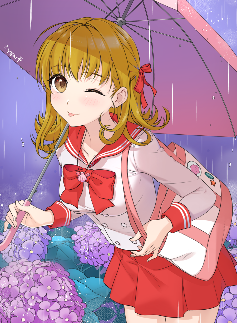 1girl bag blonde_hair blue_background blush bow breasts brown_eyes buttons dress flower handbag highres hydrangea khakis leaf leaning_forward mermaid_melody_pichi_pichi_pitch nanami_lucia one_eye_closed rain red_bow red_ribbon red_skirt ribbon sailor_collar sailor_dress sailor_shirt shirt short_hair skirt smile thighs tongue tongue_out umbrella