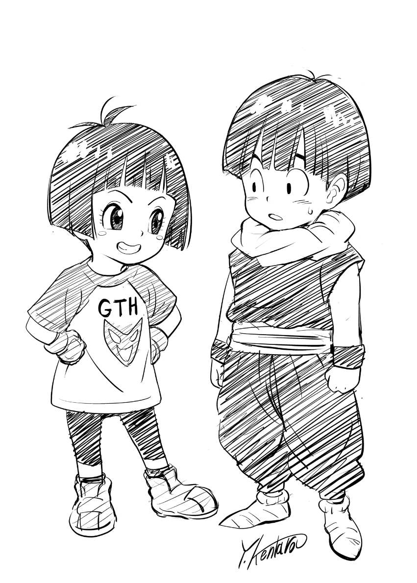 1boy 1girl artist_name black_hair boots commentary_request dragon_ball dragon_ball_z happy looking_to_the_side monochrome pan_(dragon_ball) shirt short_hair signature simple_background sketch smile son_gohan standing white_background yabuki_kentarou
