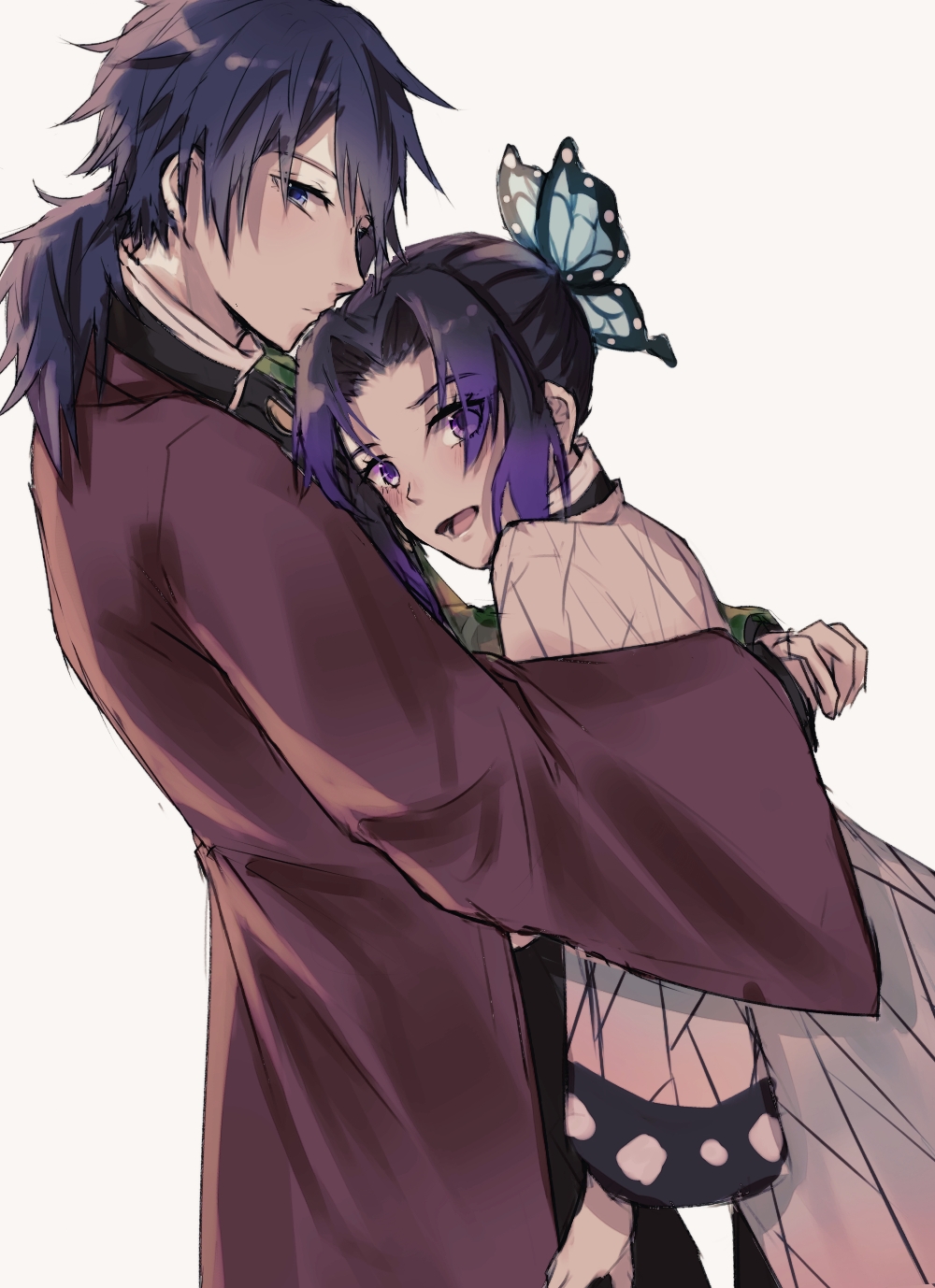 1boy 1girl bangs black_hair blue_eyes blush breasts butterfly_hair_ornament buttons closed_mouth colored_tips commentary_request dark_blue_hair demon_slayer_uniform eyelashes flustered hair_ornament haori highres hug jacket japanese_clothes kimetsu_no_yaiba kochou_shinobu large_breasts looking_at_viewer low_ponytail multicolored_clothes multicolored_hair multicolored_jacket open_mouth patterned_clothing purple_hair simple_background standing tanuyama teeth tomioka_giyuu two-sided_fabric upper_teeth violet_eyes white_background wide_sleeves
