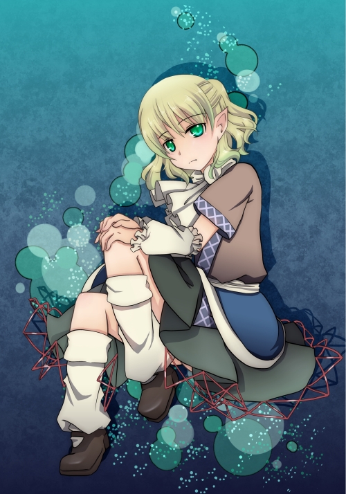 1girl amagumo arm_warmers bangs blonde_hair brown_footwear brown_shirt bubble closed_mouth commentary_request expressionless eyebrows_visible_through_hair full_body green_eyes grey_skirt half_updo hands_on_own_knee looking_at_viewer medium_hair mizuhashi_parsee scarf shirt shoes short_hair skirt socks solo touhou white_legwear white_scarf