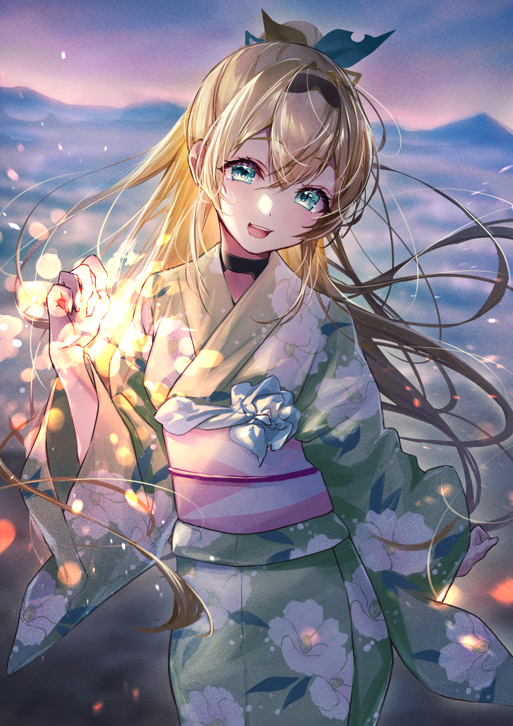 1girl aqua_eyes blonde_hair floral_print green_kimono hair_between_eyes highres hololive japanese_clothes kazama_iroha kimono long_hair long_sleeves looking_at_viewer misekiss obi open_mouth print_kimono sash smile solo teeth upper_teeth virtual_youtuber yukata