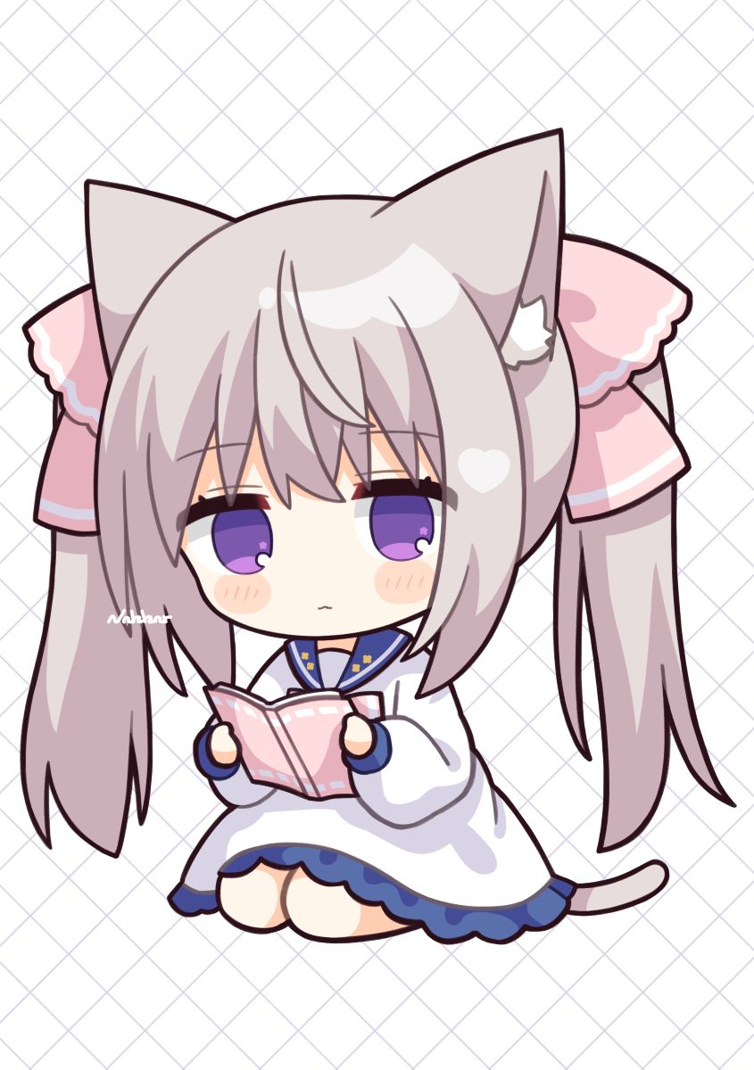1girl animal_ear_fluff animal_ears bangs blue_sailor_collar blush_stickers book bow cat_ears cat_girl cat_tail chibi closed_mouth commentary_request dress eyebrows_visible_through_hair full_body grey_hair hair_bow highres holding holding_book long_hair long_sleeves looking_at_viewer nakkar open_book original pink_bow puffy_long_sleeves puffy_sleeves sailor_collar sailor_dress seiza signature sitting solo tail twintails very_long_hair violet_eyes white_background white_dress