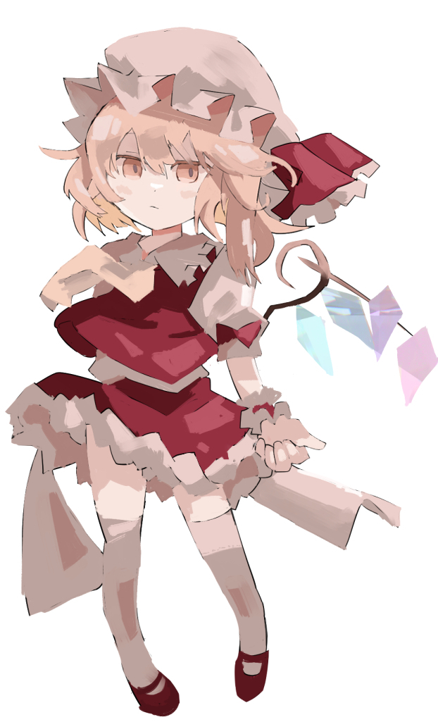 1girl addictionwhite closed_mouth crystal flandre_scarlet full_body hat hat_ribbon looking_at_viewer mob_cap one_side_up red_ribbon red_skirt red_vest ribbon shirt simple_background skirt smile solo touhou vest white_background white_headwear white_legwear white_shirt wings wrist_cuffs yellow_eyes