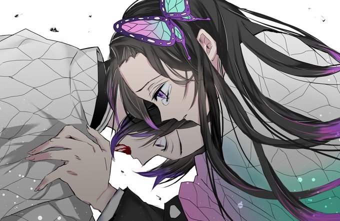 1-bard 2girls bangs black_hair blood blood_from_mouth breasts butterfly_hair_ornament closed_mouth colored_tips commentary_request crying crying_with_eyes_open demon_slayer_uniform hair_ornament hand_on_another's_shoulder haori japanese_clothes kimetsu_no_yaiba kochou_kanae kochou_shinobu large_breasts long_hair long_sleeves multicolored_hair multiple_girls parted_bangs purple_hair short_hair siblings sidelocks simple_background sisters tears very_long_hair violet_eyes white_background wide_sleeves worried
