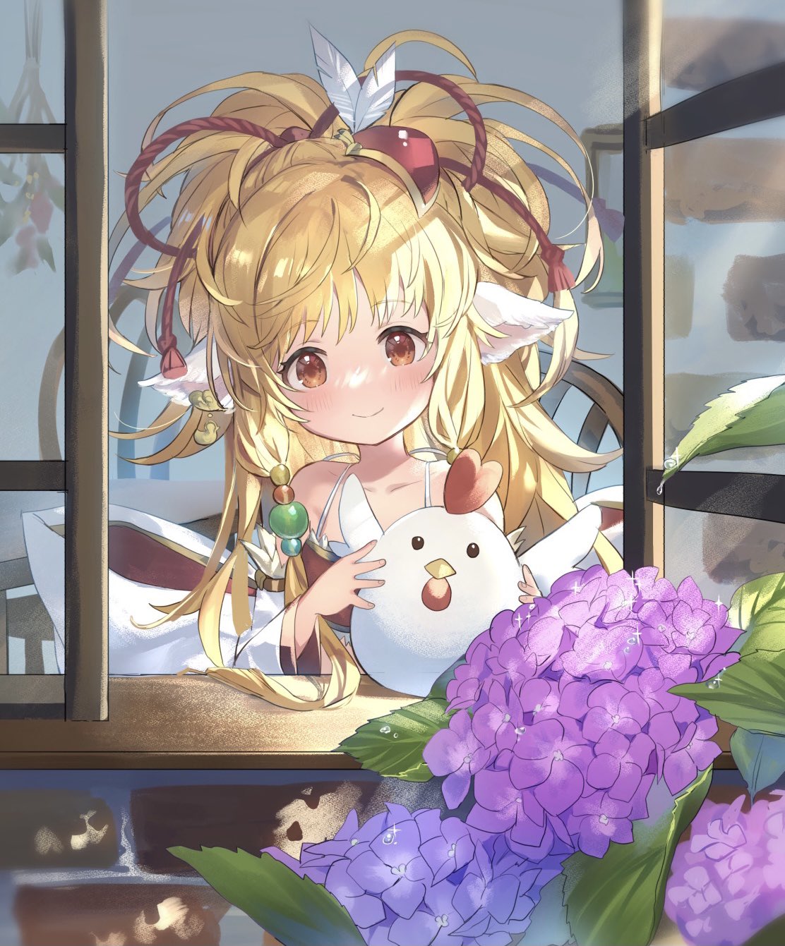 1girl animal_ears bird blonde_hair brown_eyes chicken dew_drop flower granblue_fantasy harvin highres leaf long_hair mahira_(granblue_fantasy) shiromimin smile table through_window water_drop