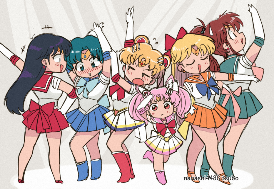 6+girls aino_minako bishoujo_senshi_sailor_moon black_hair blonde_hair blue_bow blue_footwear blue_hair blue_skirt bow brown_hair chibi_usa closed_eyes double_bun green_sailor_collar green_skirt hair_bun hino_rei kino_makoto leotard long_hair looking_at_viewer mizuno_ami multiple_girls orange_sailor_collar orange_skirt pink_bow pink_footwear pink_hair pleated_skirt ponytail pose red_footwear red_sailor_collar red_skirt sailor_chibi_moon sailor_collar sailor_jupiter sailor_mars sailor_mercury sailor_moon sailor_senshi_uniform sailor_venus short_hair skirt super_sailor_chibi_moon super_sailor_moon tiara tsubobot tsukino_usagi twintails white_leotard