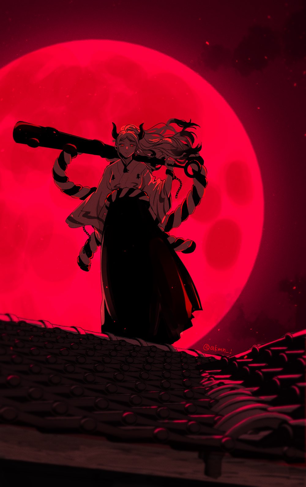 1girl akmn arm_at_side backlighting chain closed_mouth club_(weapon) cuffs curled_horns expressionless floating_hair full_moon hakama hand_up highres horns huge_weapon japanese_clothes kanabou kimono long_hair long_sleeves looking_at_viewer monochrome moon multicolored_hair night night_sky on_roof one_piece oni outdoors over_shoulder red_moon rooftop rope shackles shimenawa sky solo standing star_(sky) starry_sky twitter_username very_long_hair weapon weapon_over_shoulder wide_sleeves wind yamato_(one_piece)