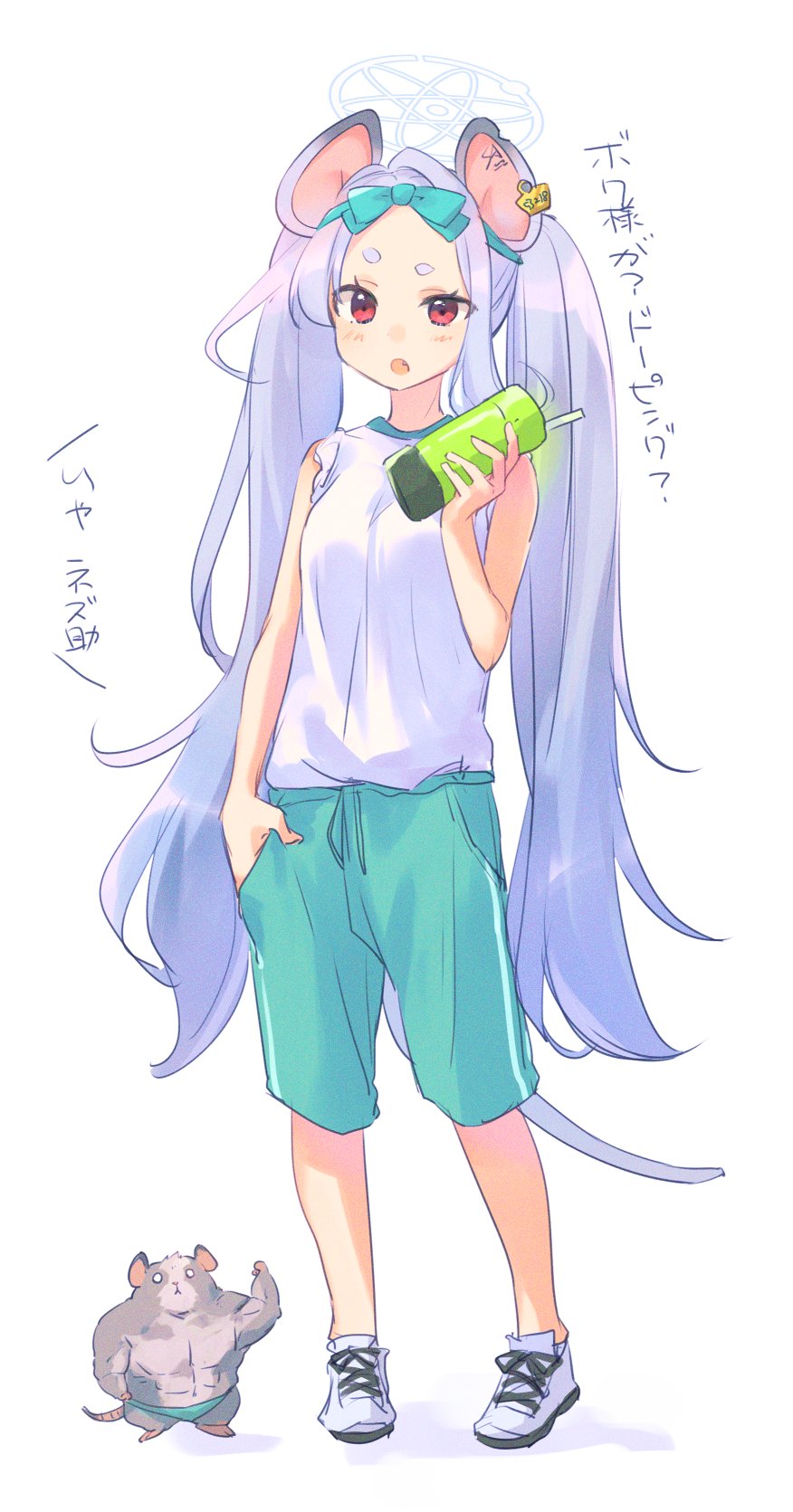 1girl alternate_costume animal_ears bangs blue_archive bottle bow ear_tag fang full_body grey_hair gym_shorts halo hand_in_pocket headband highres holding holding_bottle kyuuri_(miyako) light_blush long_hair looking_at_viewer mouse mouse_ears mouse_girl mouse_tail open_mouth parted_bangs red_eyes saya_(blue_archive) shirt short_eyebrows shorts simple_background sleeveless tail water_bottle white_background white_footwear white_shirt