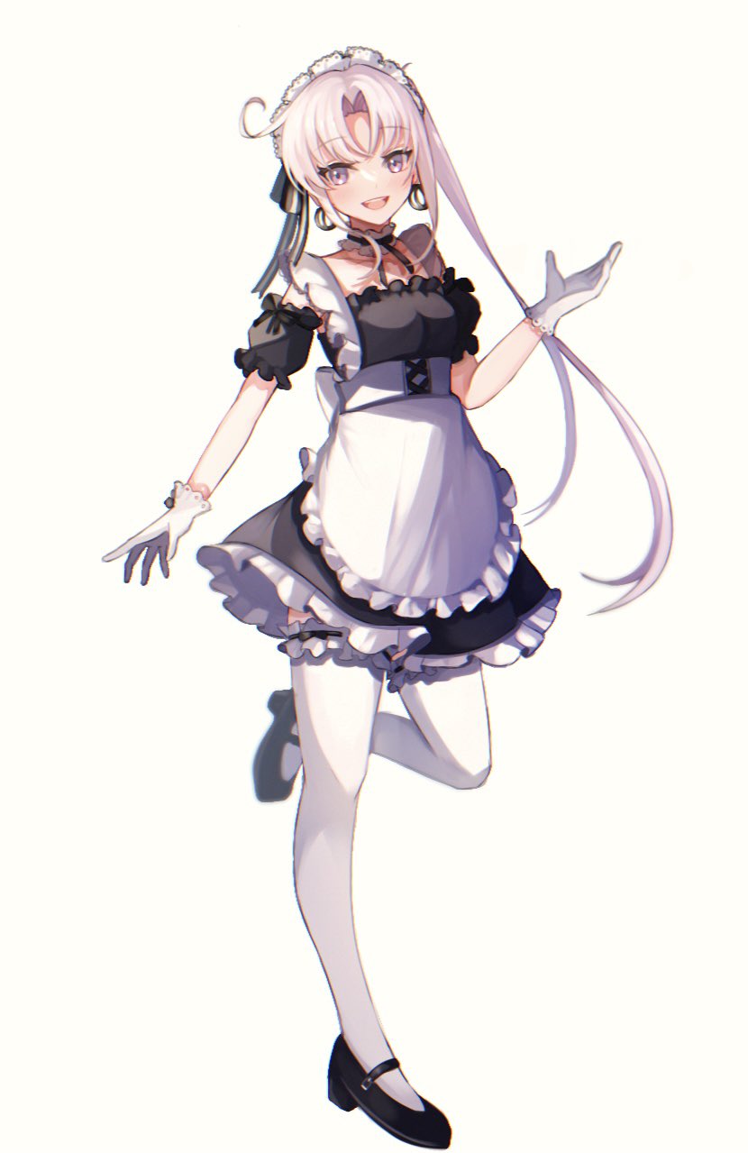 1girl ahoge akitsushima_(kancolle) alternate_costume apron black_dress dress enmaided frilled_apron frilled_dress frills gloves grey_hair highres kantai_collection long_hair looking_at_viewer maid maid_headdress mary_janes ranran_3939 shoes side_ponytail simple_background smile solo thigh-highs violet_eyes white_apron white_background white_gloves white_legwear