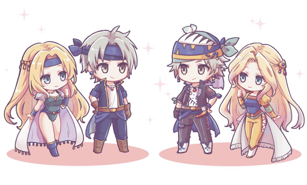 2boys 2girls armor bangs belt black_jacket black_pants blonde_hair blue_eyes blue_headband blue_jacket blue_pants blue_shirt boots breasts bridal_gauntlets brown_eyes cape celes_chere chibi couple earrings final_fantasy final_fantasy_vi full_body green_leotard grey_hair hair_ornament hand_up headband jacket jewelry leotard lock_cole long_hair long_sleeves medium_breasts multicolored_clothes multicolored_headwear multiple_boys multiple_girls necklace official_alternate_costume pan_ff6 pants parted_bangs puffy_sleeves shirt short_hair short_sleeves shoulder_armor smile sparkle waist_cape wavy_hair white_background white_cape white_shirt yellow_pants