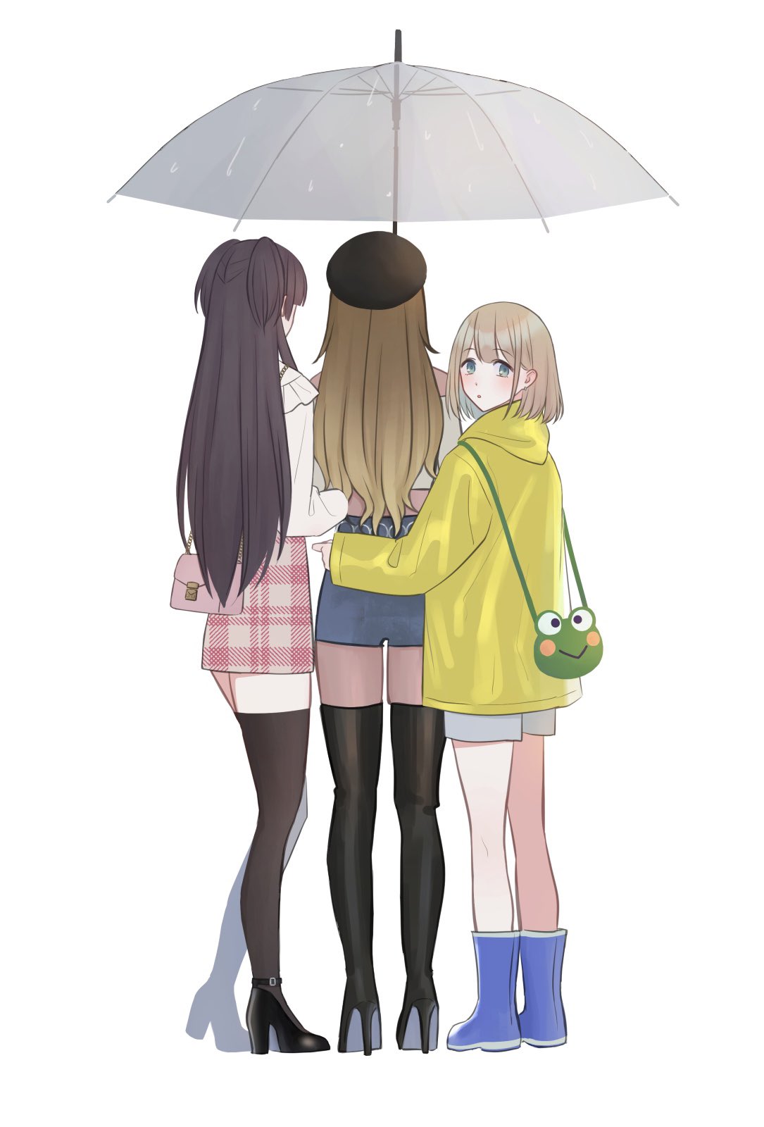 3girls boots from_behind full_body high_heels highres idolmaster idolmaster_shiny_colors izumi_mei looking_at_viewer looking_back mayuzumi_fuyuko multiple_girls rubber_boots serizawa_asahi shared_umbrella simple_background straight_hair straylight_(idolmaster) thigh-highs thigh_boots umbrella v63775474 white_background