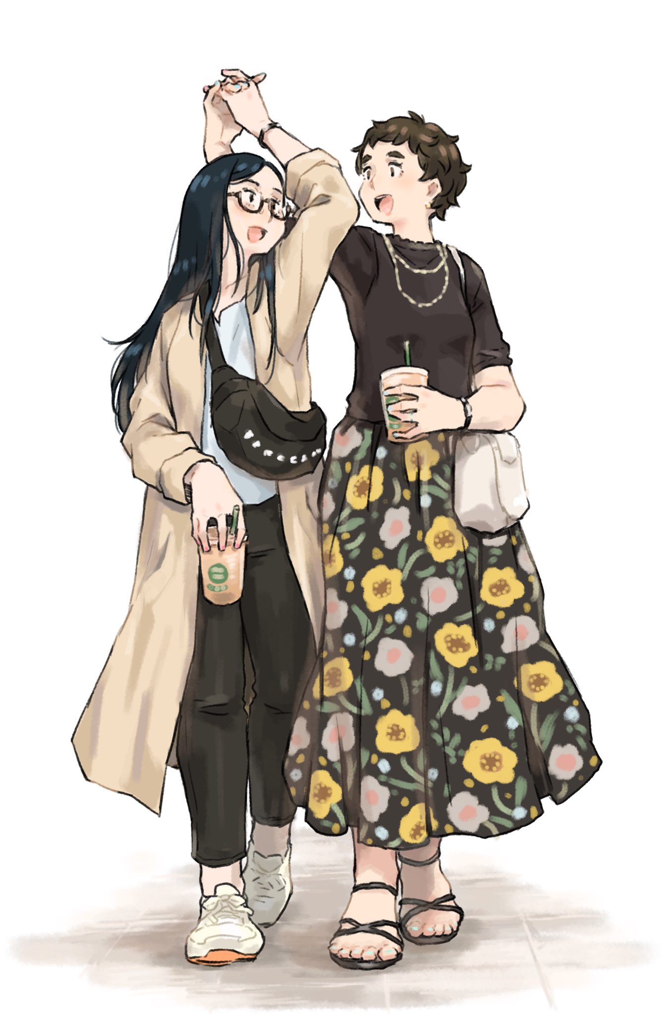 2girls black_hair brown_hair coat floral_print full_body glasses highres holding_hands jewelry long_coat long_hair long_skirt looking_at_another m_k multiple_girls necklace original short_hair simple_background skirt symbol-only_commentary very_short_hair walking yuri