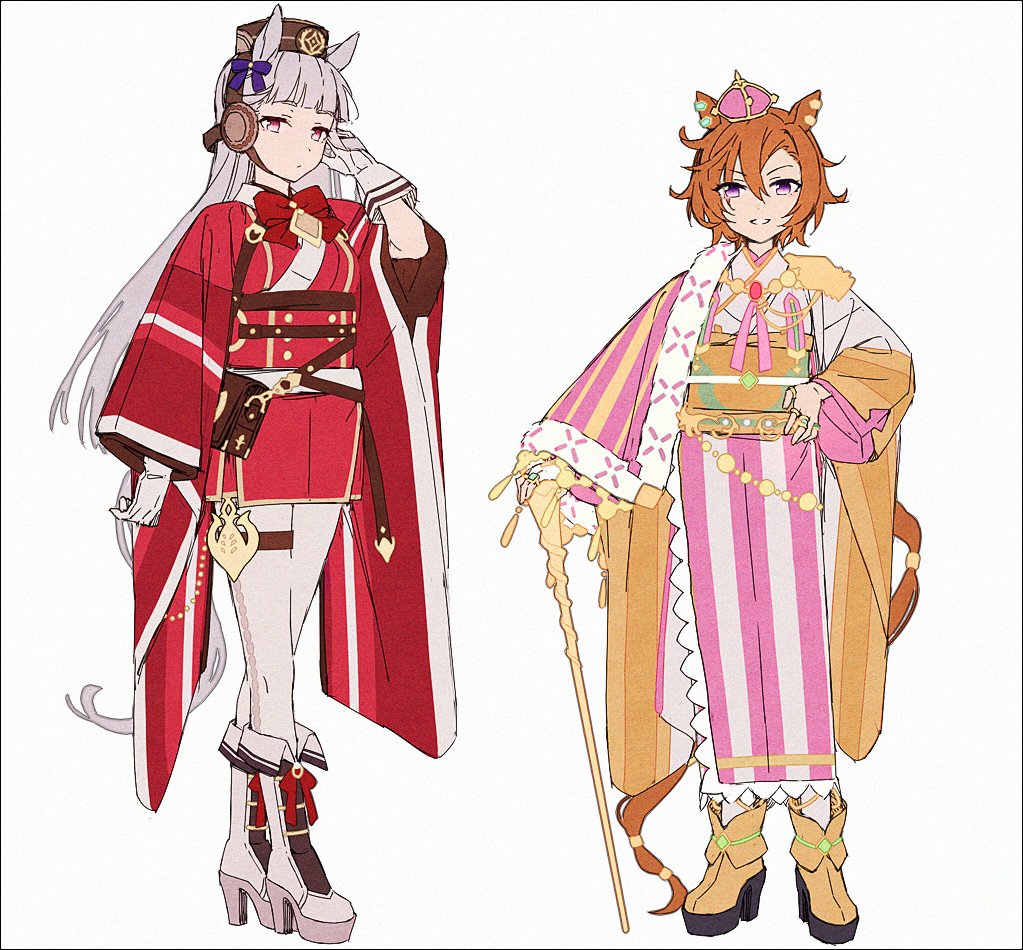 2girls adapted_costume animal_ears bag bangs boots bow bowtie cane crown full_body gloves gold_ship_(umamusume) grey_hair hakusai_(tiahszld) hand_on_hip hand_up high_heel_boots high_heels horse_ears horse_girl horse_tail japanese_clothes jewelry kimono long_hair long_sleeves looking_at_viewer mini_crown multiple_girls obi orange_hair pants pillbox_hat red_bow red_bowtie ring sash satchel short_hair smile t.m._opera_o_(umamusume) tail teeth umamusume violet_eyes white_footwear white_gloves white_pants wide_sleeves yellow_footwear