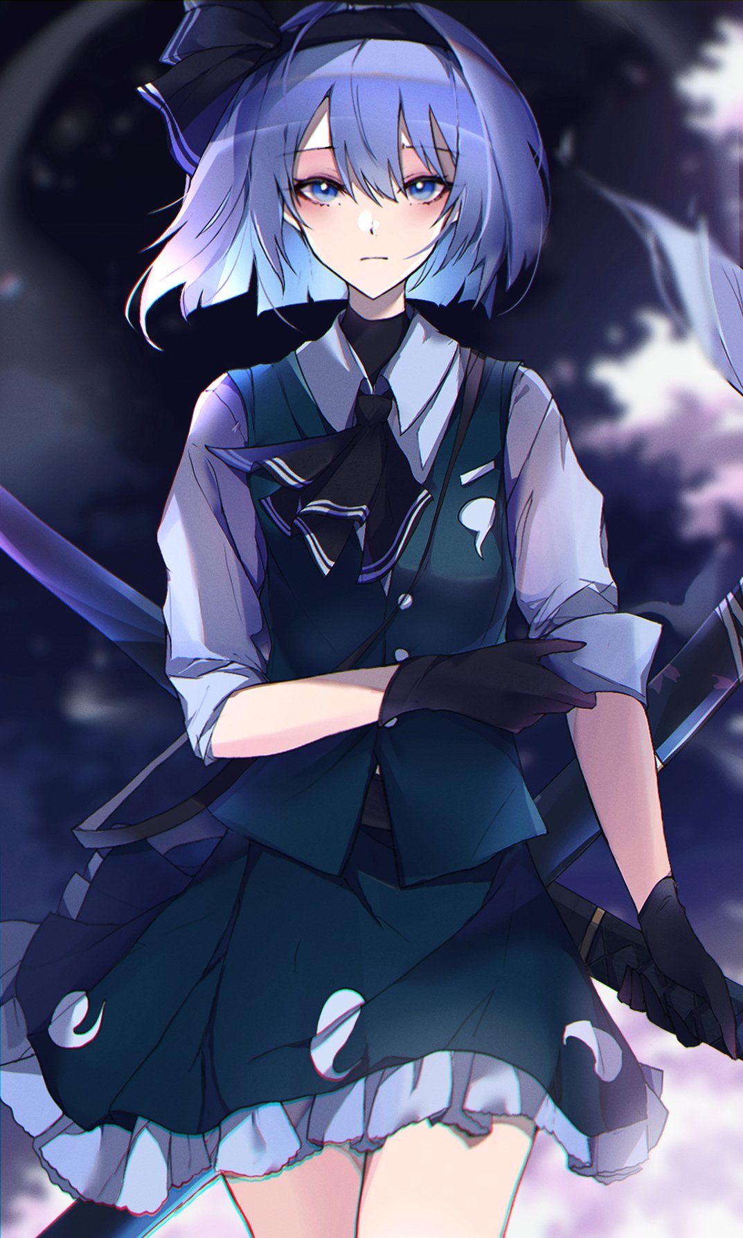 1girl ascot bangs black_ascot black_gloves black_headwear blue_eyes blurry blurry_background bob_cut buttons cherry_blossoms closed_mouth collared_shirt commentary_request expressionless frilled_skirt frills gloves green_skirt green_vest grey_hair highres hitodama_print konpaku_youmu krs_(kqrqsi) looking_at_viewer sheath shirt short_hair skirt sleeves_rolled_up solo standing touhou vest weapon weapon_on_back white_shirt wing_collar